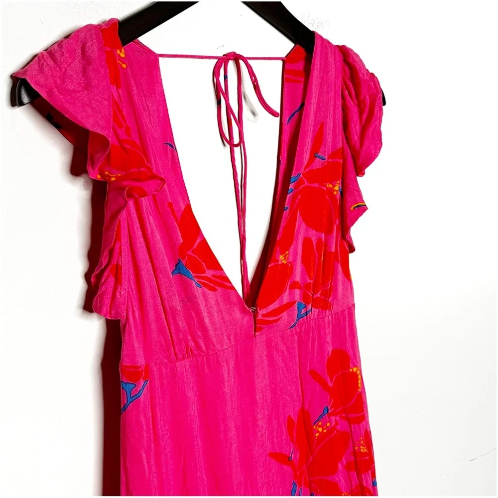 Free People She's a Waterfall Hot Pink Floral Print Ruffled Maxi Dress Size 6